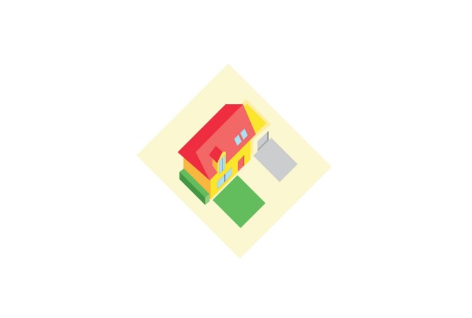 Bunte isometrische Illustration eines Hauses mit rotem Dach und gelben Wänden. Die Szene umfasst eine grüne Rasenfläche und eine graue Einfahrt, alles auf einem rautenförmigen Hintergrund. Das Design ist minimalistisch und geometrisch, mit klaren Linien und kräftigen Farben.