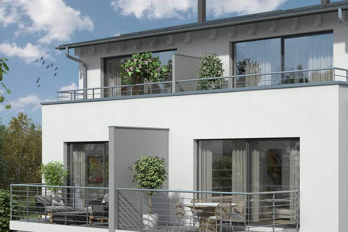 Modernes weißes Haus mit Balkon und Aussicht